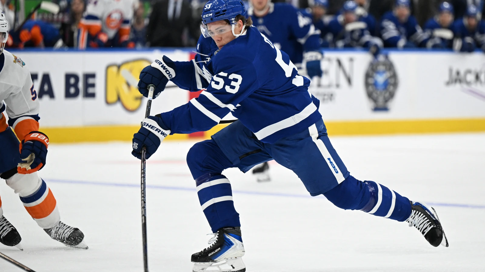 File photo: Toronto Maple Leafs forward Easton Cowan takes a shot against the New York Islanders at Scotiabank Arena.
