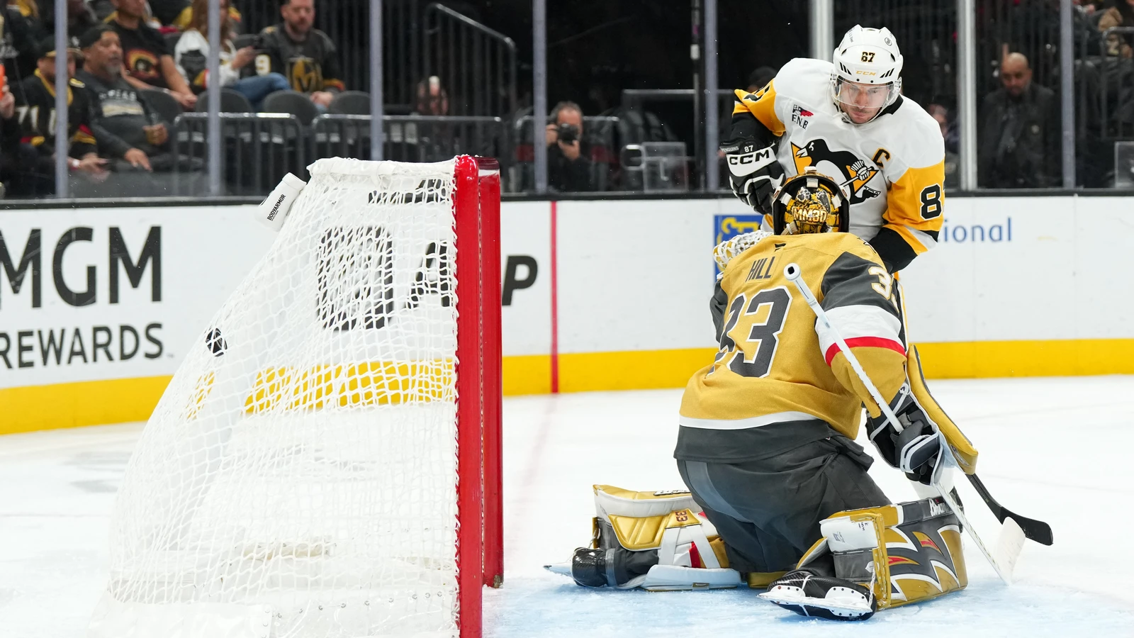 File photo: Pittsburgh Penguins centre Sidney Crosby scores against Vegas goaltender Adin Hill at T-Mobile Arena.