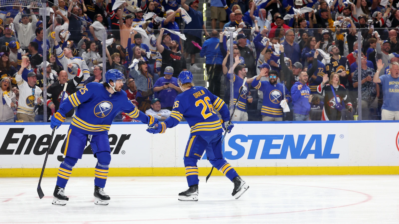 File photo: Buffalo Sabres captain Rasmus Dahlin (26) celebrates a May 18, 2026 playoff goal with teammate Owen Power (25) at KeyBank Center.