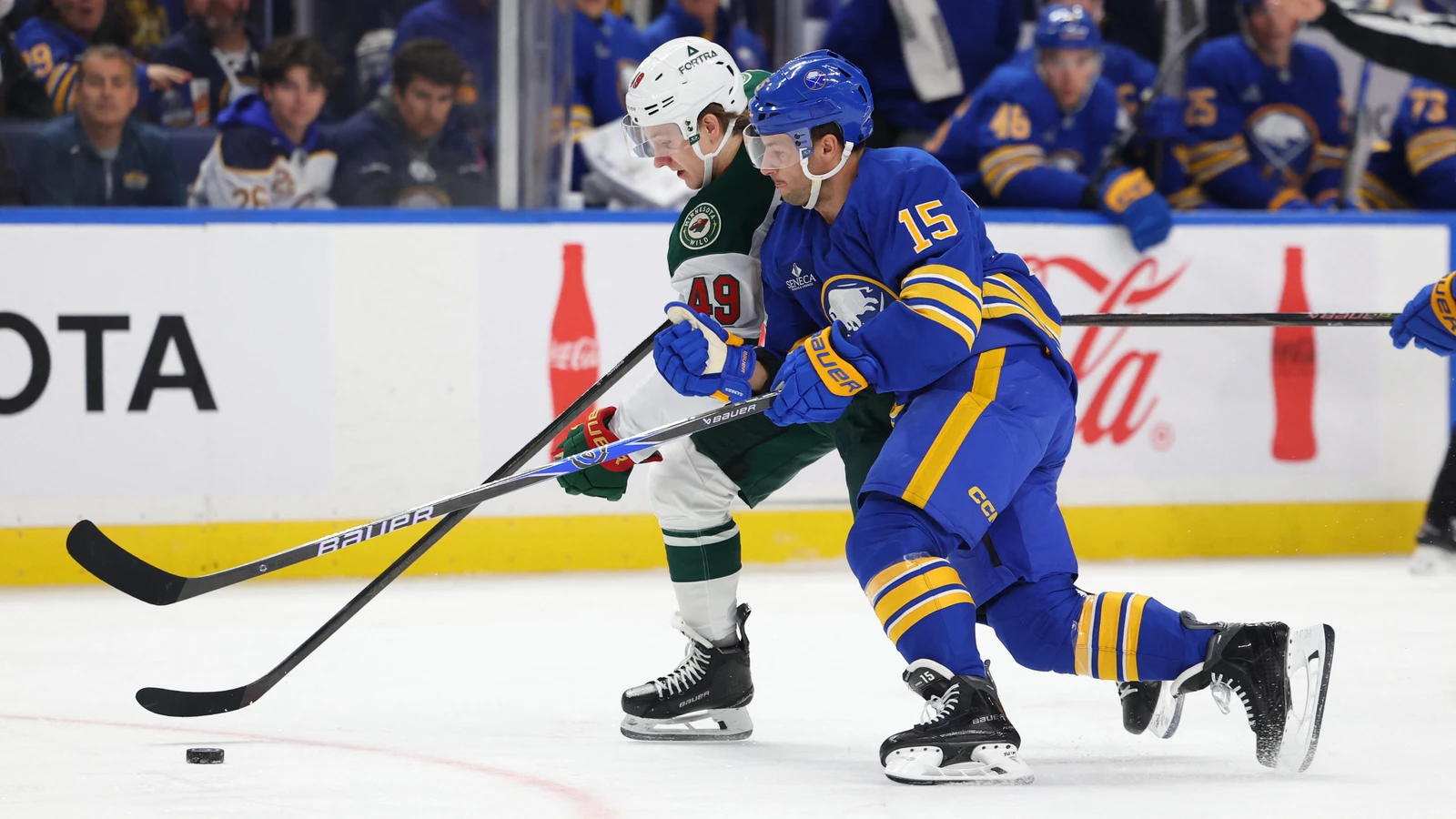 File photo: Buffalo Sabres forward Justin Danforth battles for the puck against Minnesota at KeyBank Center.