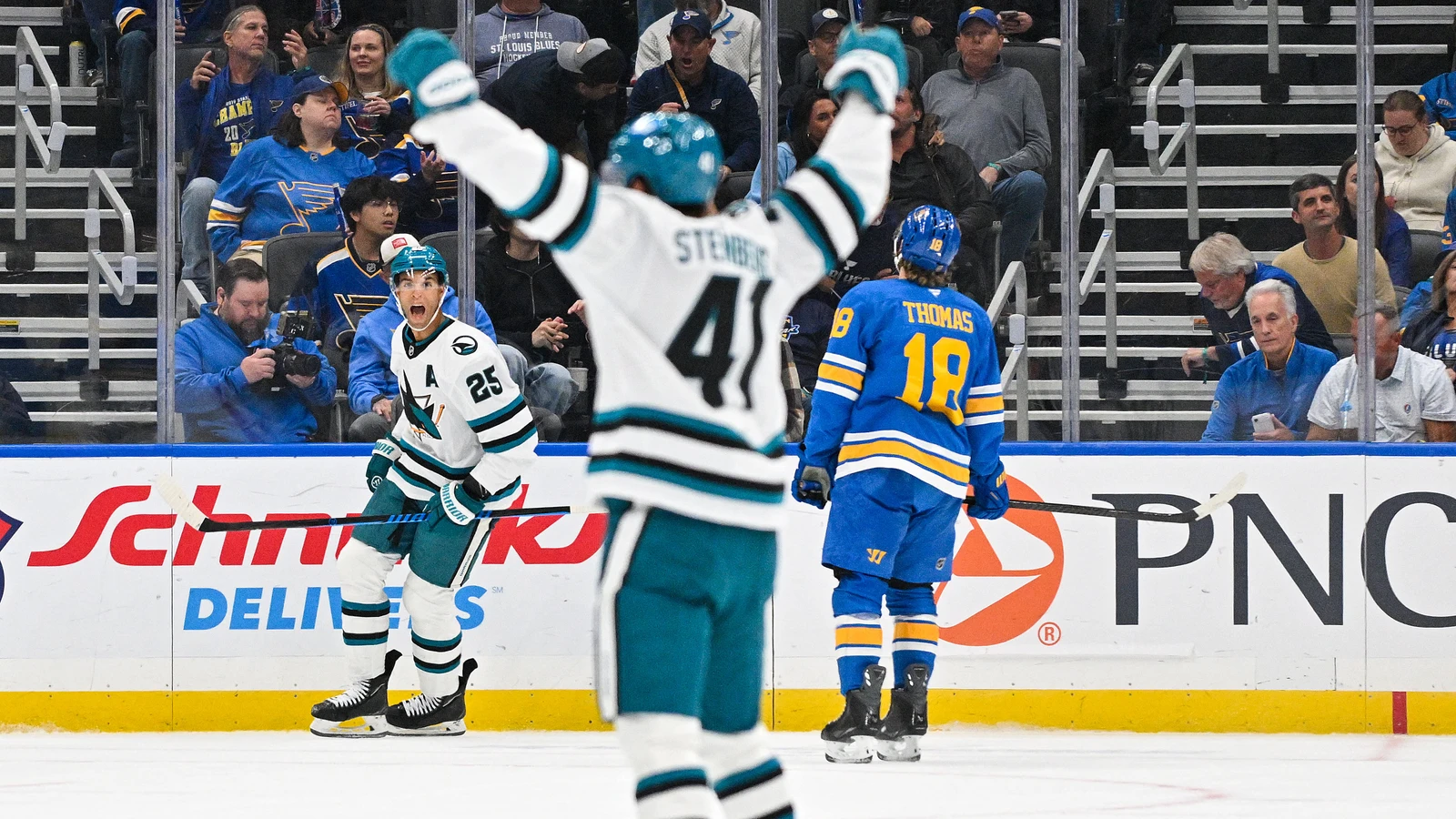 File photo: San Jose Sharks defenceman Darnell Nurse celebrates an overtime goal against the Blues at Enterprise Center in St. Louis.