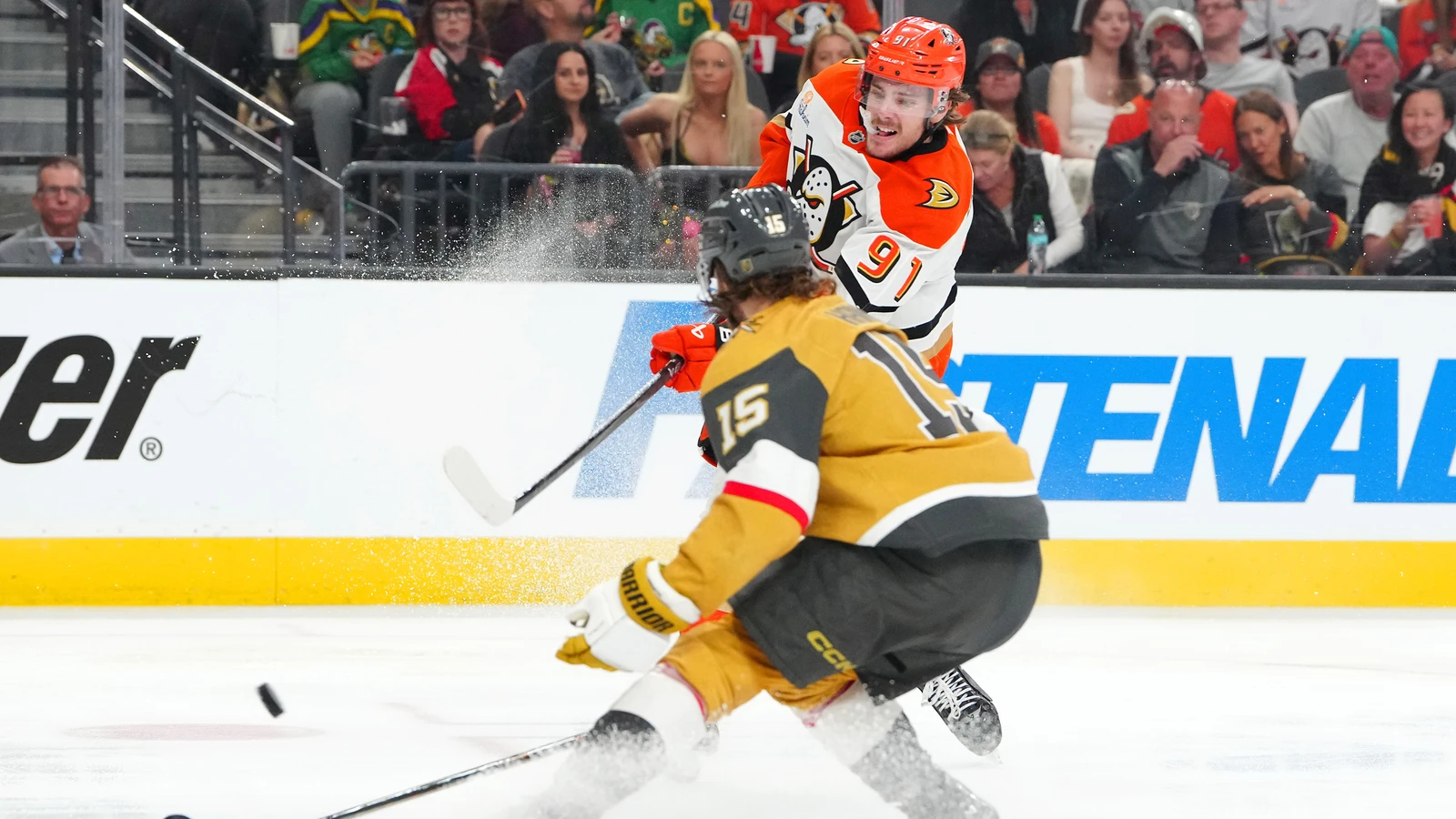 Anaheim Ducks center Leo Carlsson shoots against the Vegas Golden Knights during a playoff game on May 12, 2026. File photo.