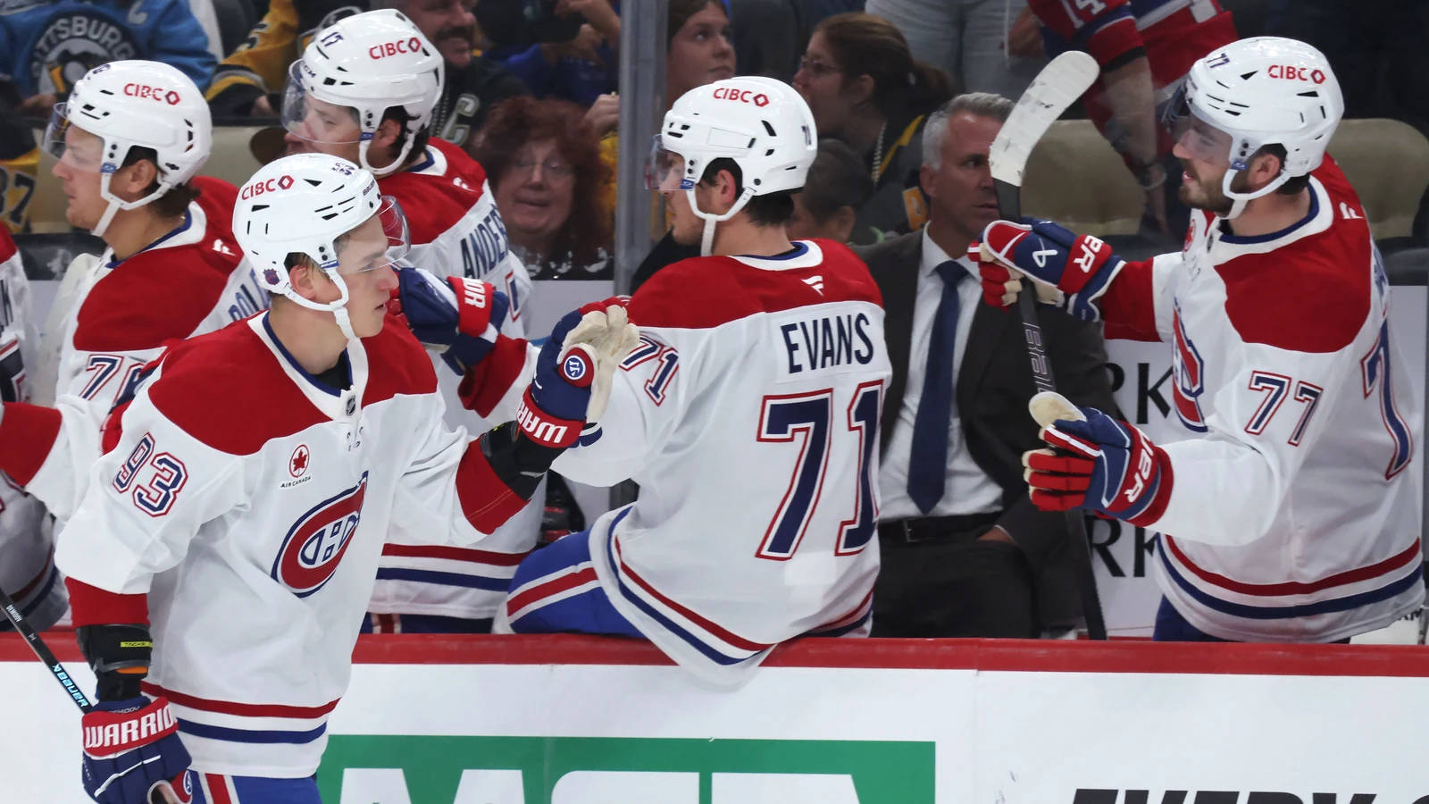 File photo: Montreal Canadiens winger Ivan Demidov celebrates a goal with his teammates in Pittsburgh.