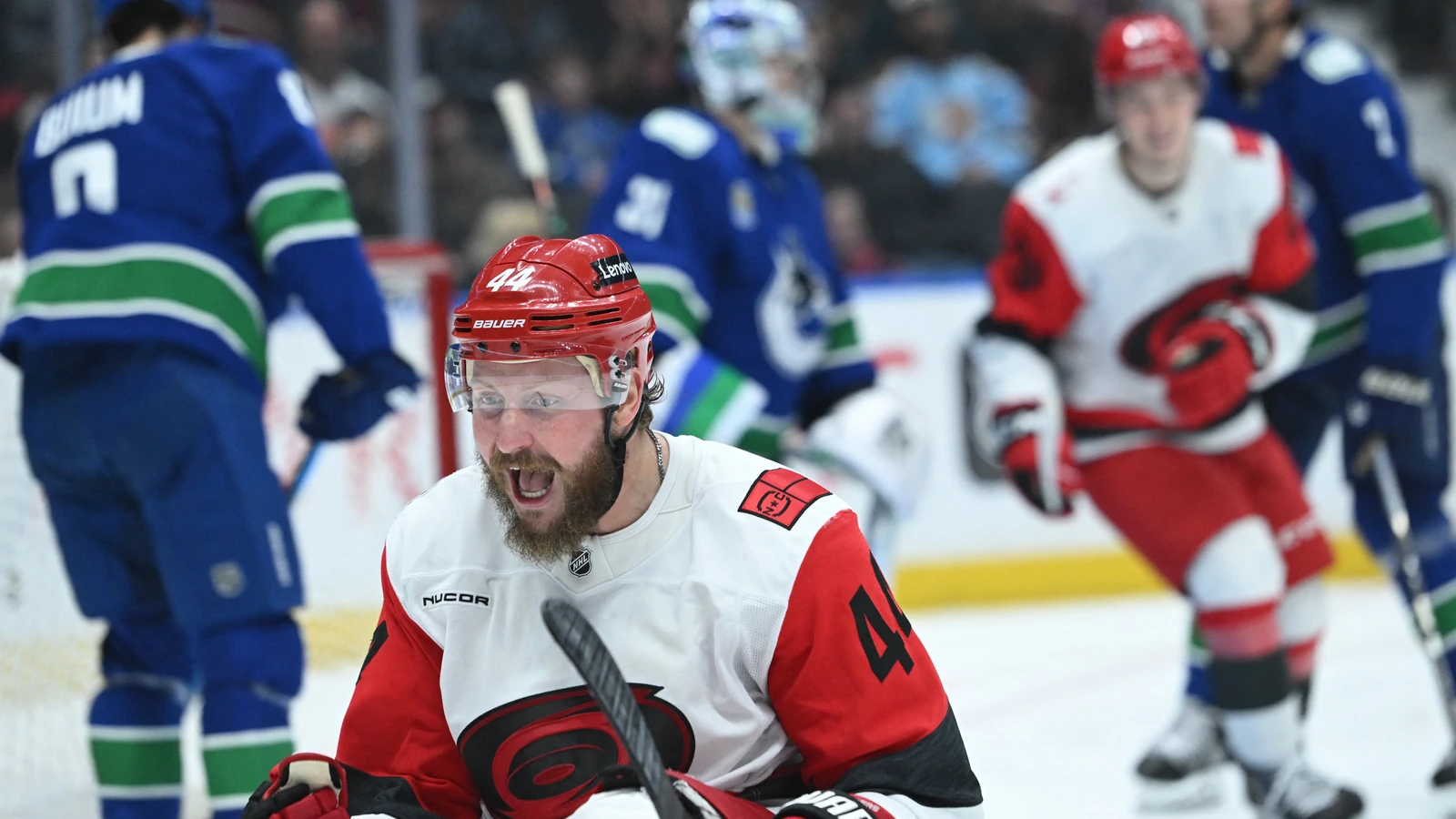 Carolina Hurricanes forward Nicolas Deslauriers celebrates a goal against the Vancouver Canucks.
