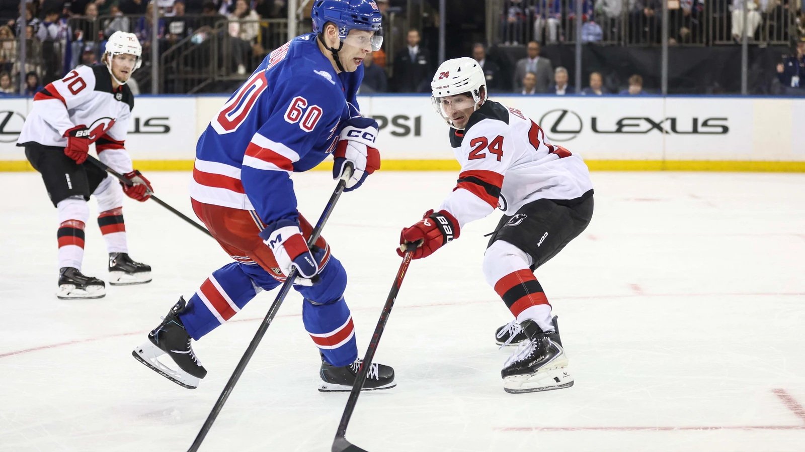 File photo: New Jersey Devils defenceman Seamus Casey defends against a Rangers shot at Madison Square Garden.