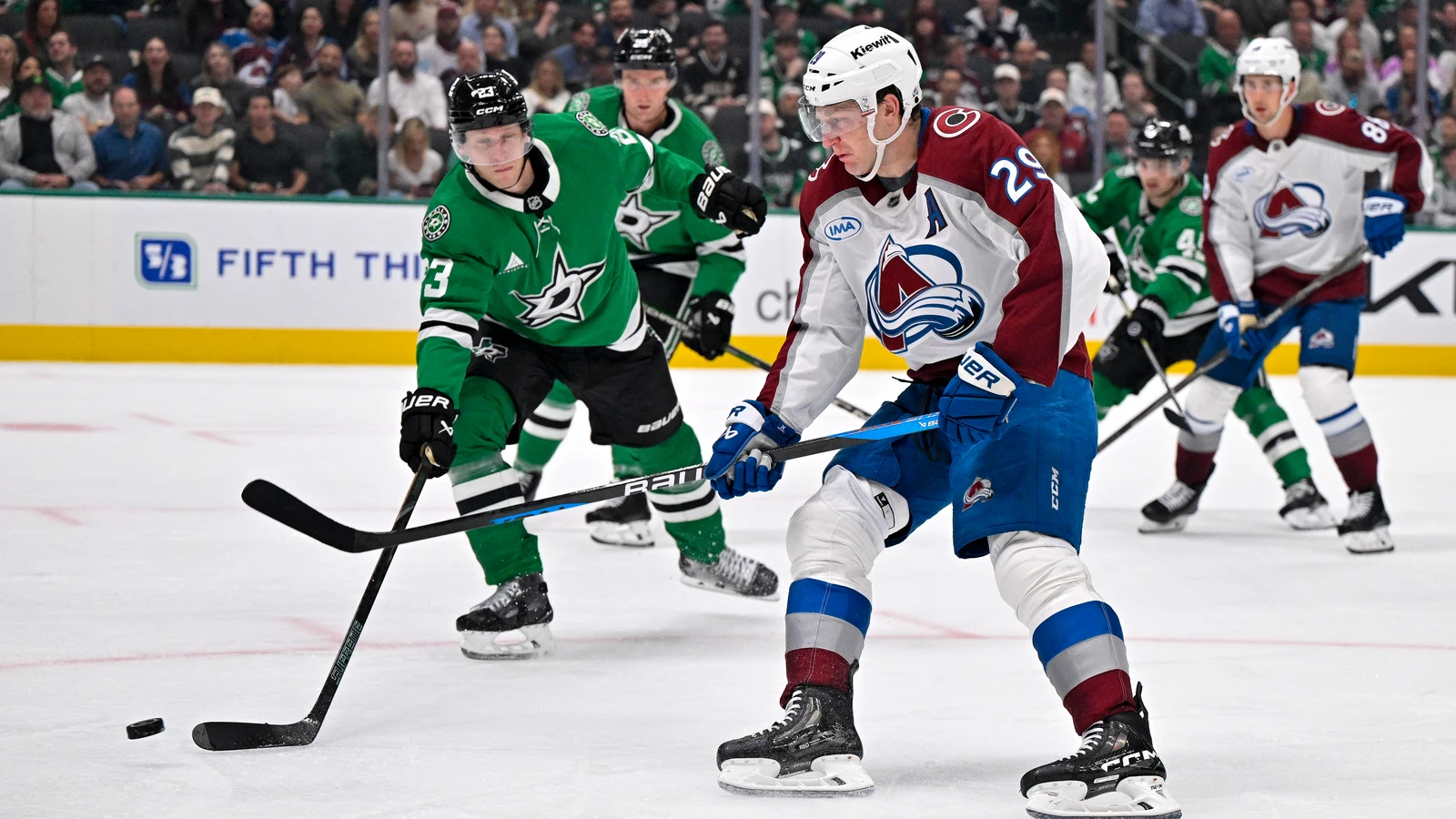 File photo: Colorado Avalanche centre Nathan MacKinnon attempts a backhand shot against the Dallas Stars at American Airlines Center.