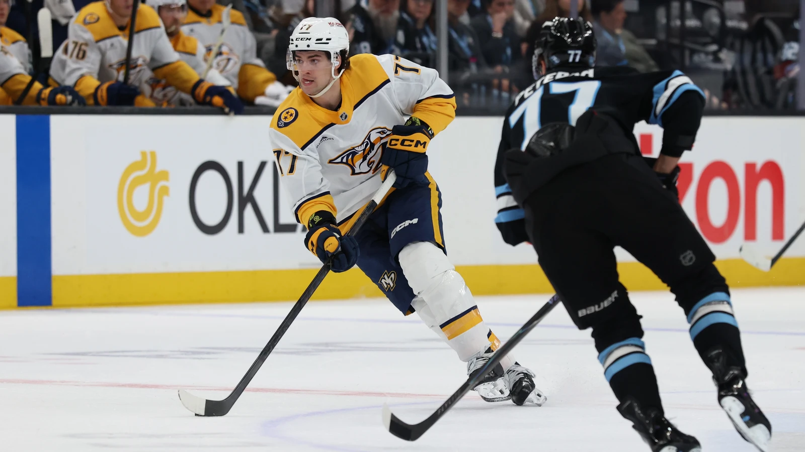 Luke Evangelista carries the puck for Nashville against Utah on April 9, 2026. File photo.