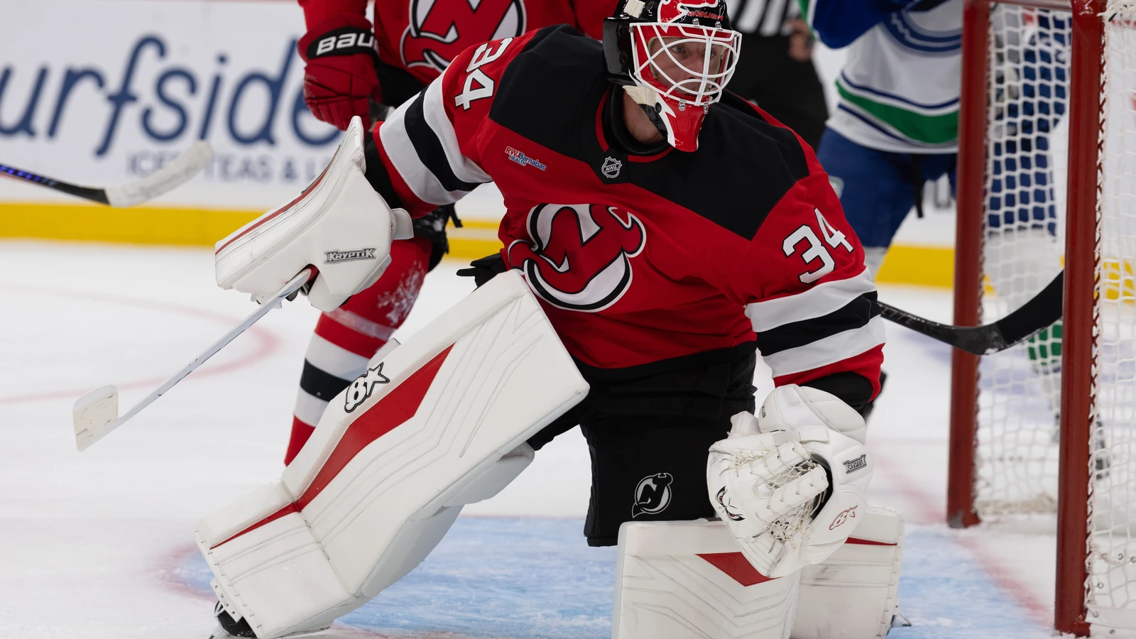 File photo: New Jersey Devils goaltender Jake Allen guards the net against the Vancouver Canucks at Prudential Center.