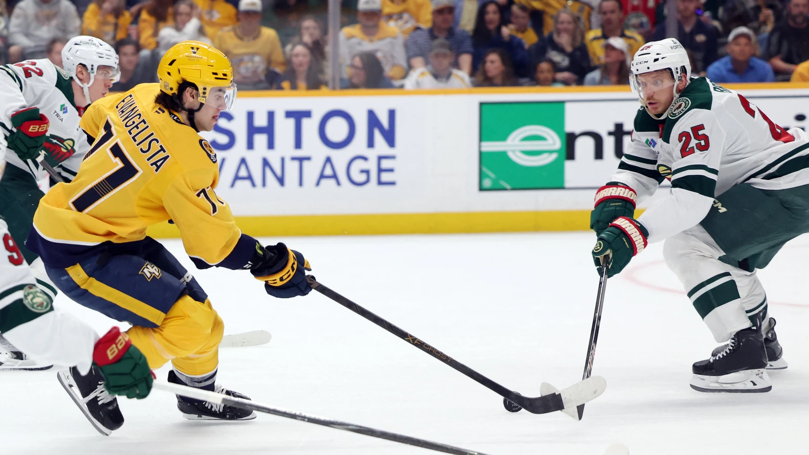 Luke Evangelista competes for the puck for Nashville against Minnesota on April 11, 2026. File photo.