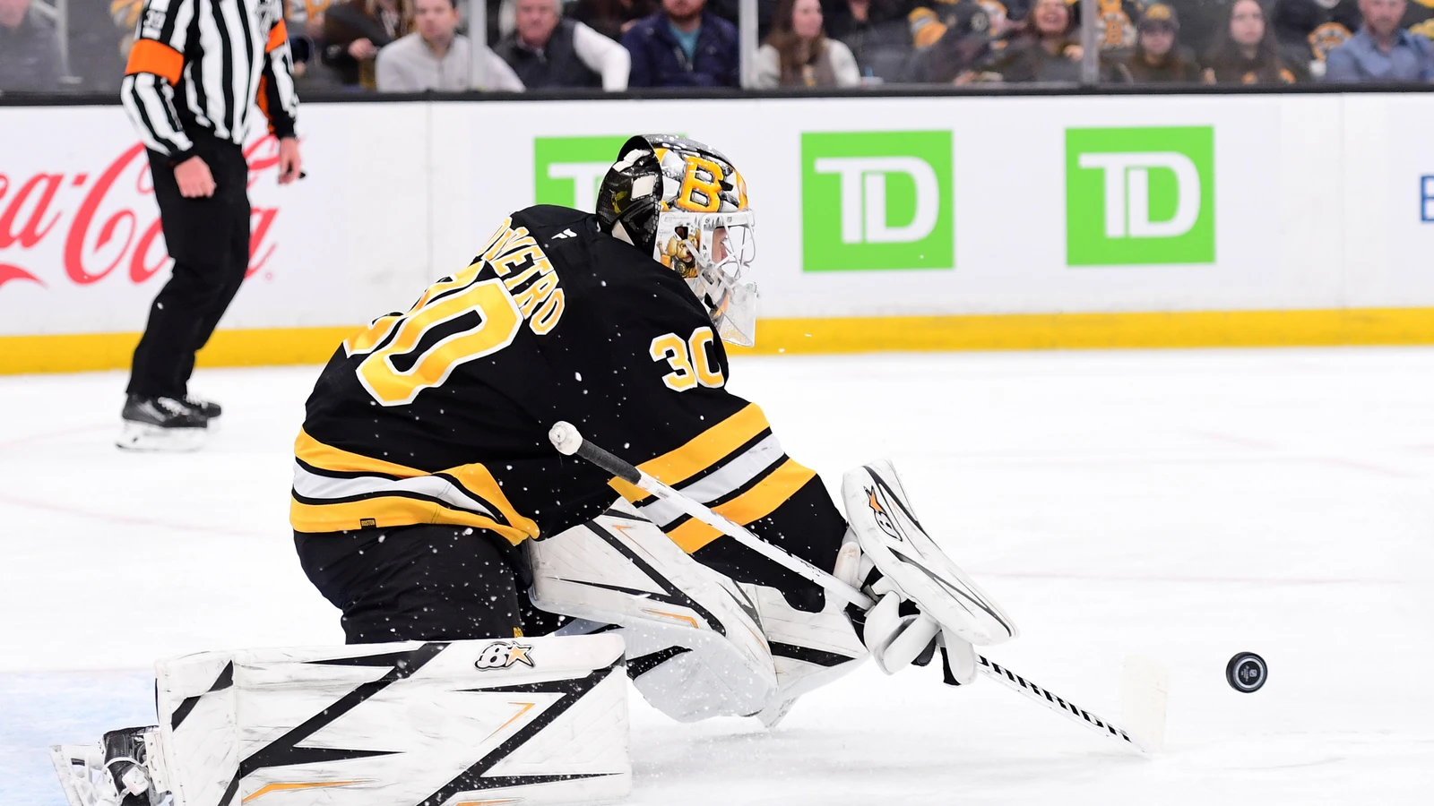 Boston Bruins goaltender Michael DiPietro makes a save against the Nashville Predators at TD Garden.