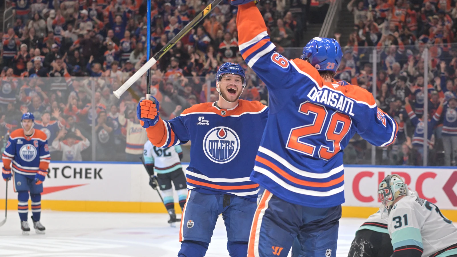 Leon Draisaitl celebrates a third-period goal against the Seattle Kraken at Rogers Place.
