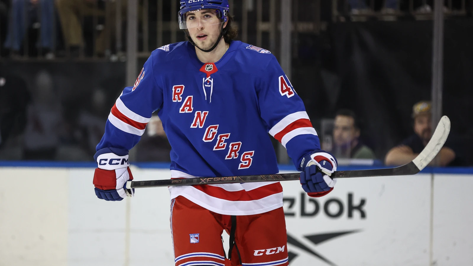 Drew Fortescue skates for the New York Rangers at Madison Square Garden on March 31, 2026. File photo.