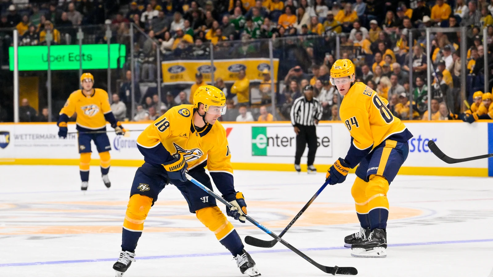 File photo: Nashville Predators centre Jack Drury skates with the puck against the Dallas Stars at Bridgestone Arena on October 3, 2026.