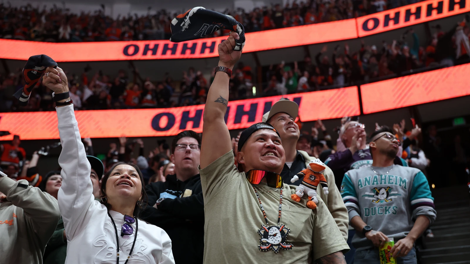File photo: Anaheim Ducks fans wave towels as they celebrate a goal at Honda Center during the April 24, 2026 playoff game against Edmonton.