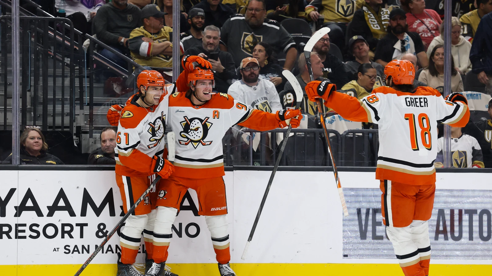 Leo Carlsson celebrates his second-period goal with Anaheim Ducks teammates at T-Mobile Arena in Las Vegas.