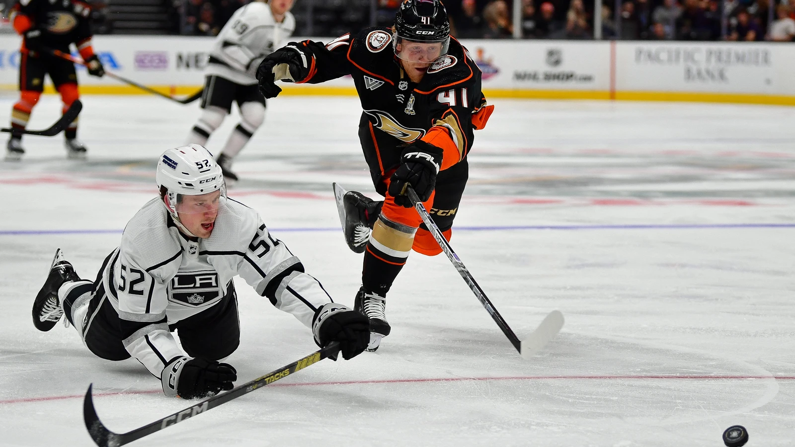 File photo: Anaheim Ducks centre Nathan Gaucher pursues the puck against Los Angeles Kings forward Taylor Ward during a Sept. 24, 2023 preseason game in Anaheim.