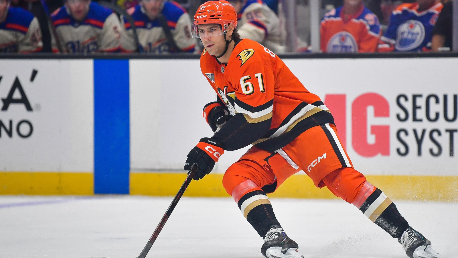 File photo: Anaheim Ducks forward Cutter Gauthier skates with the puck against the Edmonton Oilers.
