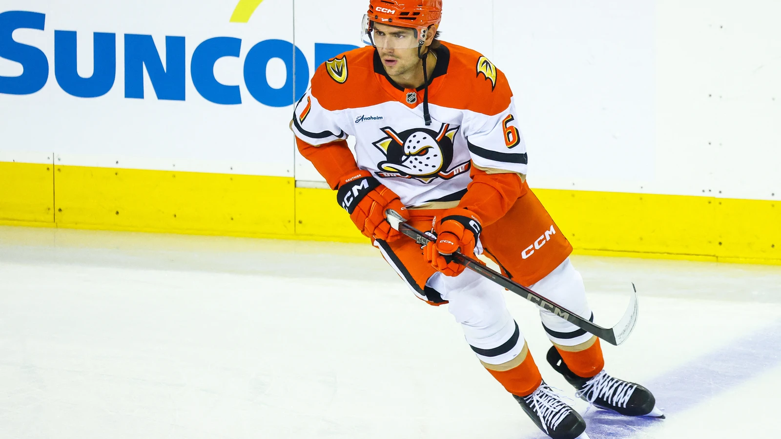 Cutter Gauthier skates during warmup at Scotiabank Saddledome before facing the Calgary Flames.