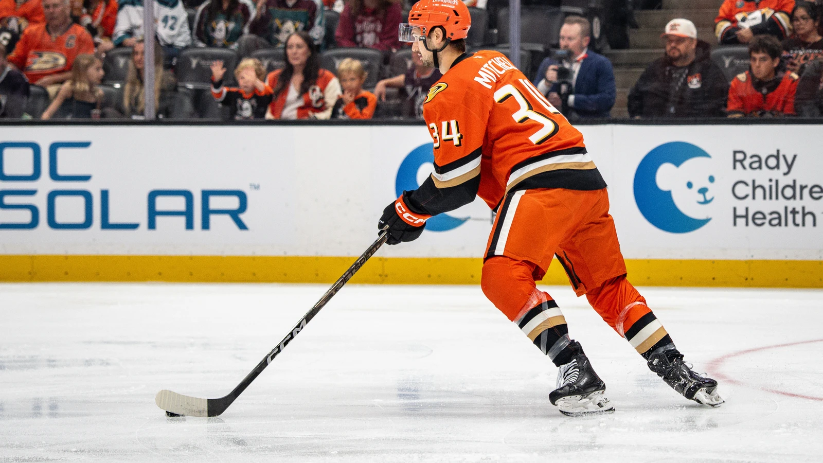 File photo: Anaheim Ducks defenceman Travis Mitchell skates with the puck against the Florida Panthers at Honda Center.