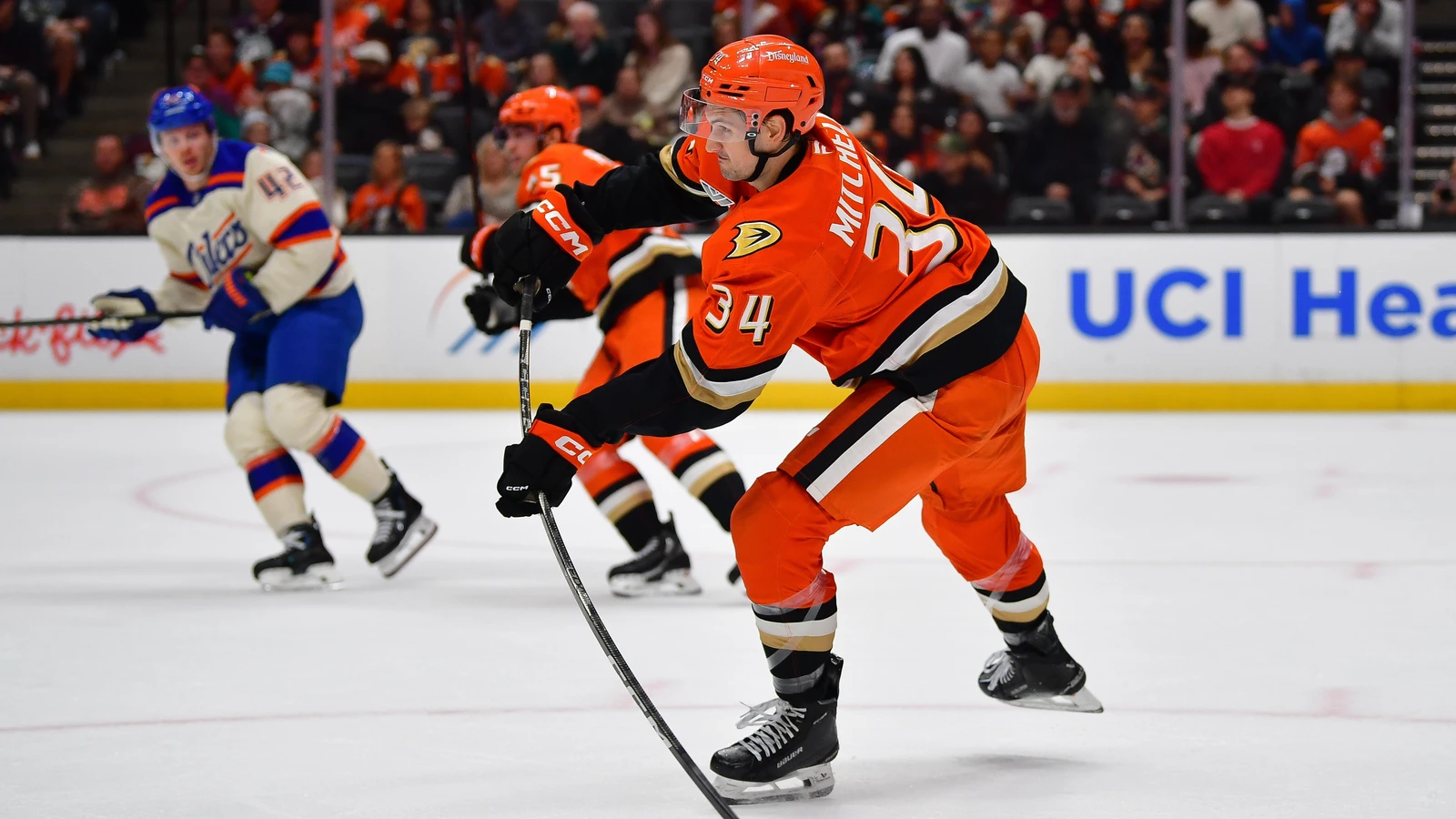 File photo: Anaheim Ducks defenceman Travis Mitchell clears the puck during a game against the Edmonton Oilers at Honda Center.