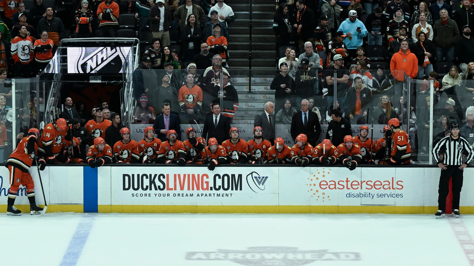 The Anaheim Ducks bench during a shootout against Washington at Honda Center on December 5, 2025. File photo; Ryan Getzlaf is not pictured, and this is not his future No. 15 retirement ceremony.