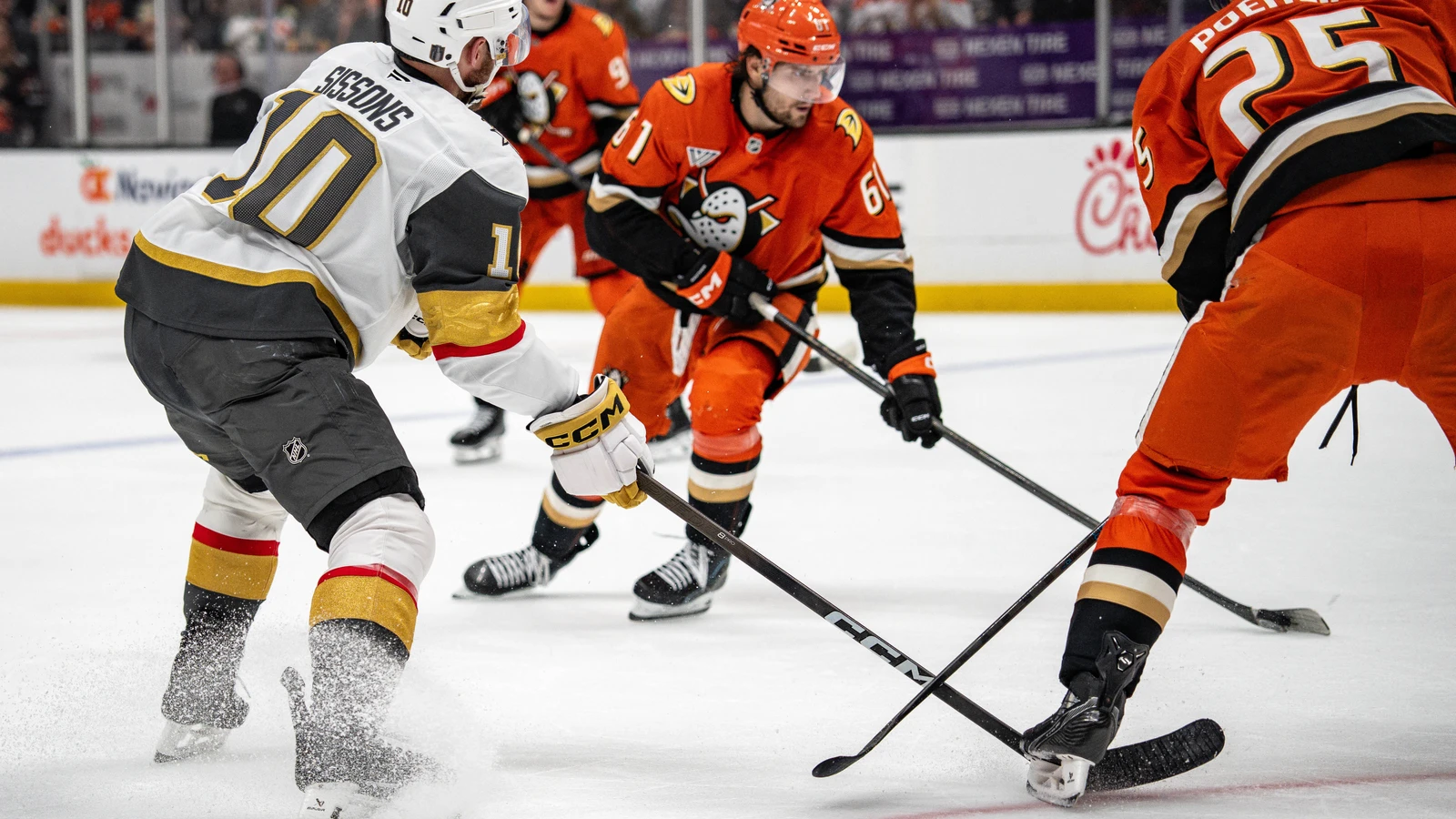 Cutter Gauthier carries the puck for Anaheim against Vegas during the 2026 Stanley Cup Playoffs.