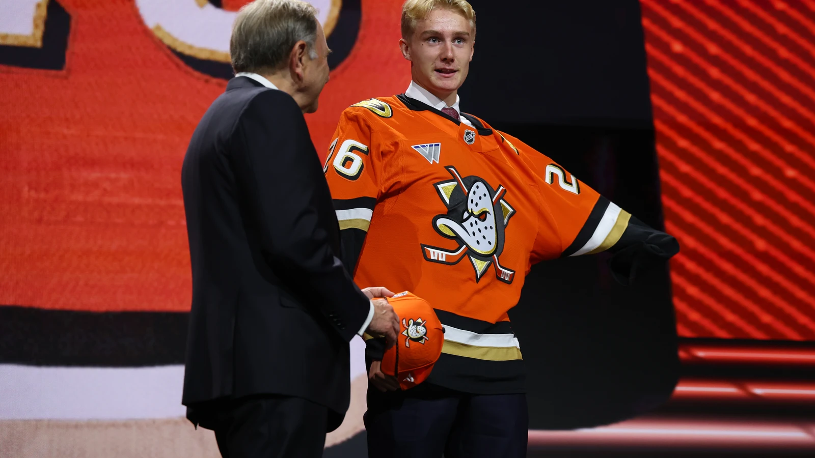 Marcus Nordmark stands beside Gary Bettman after Anaheim selects him 28th overall at the NHL Draft on June 26, 2026. File photo.