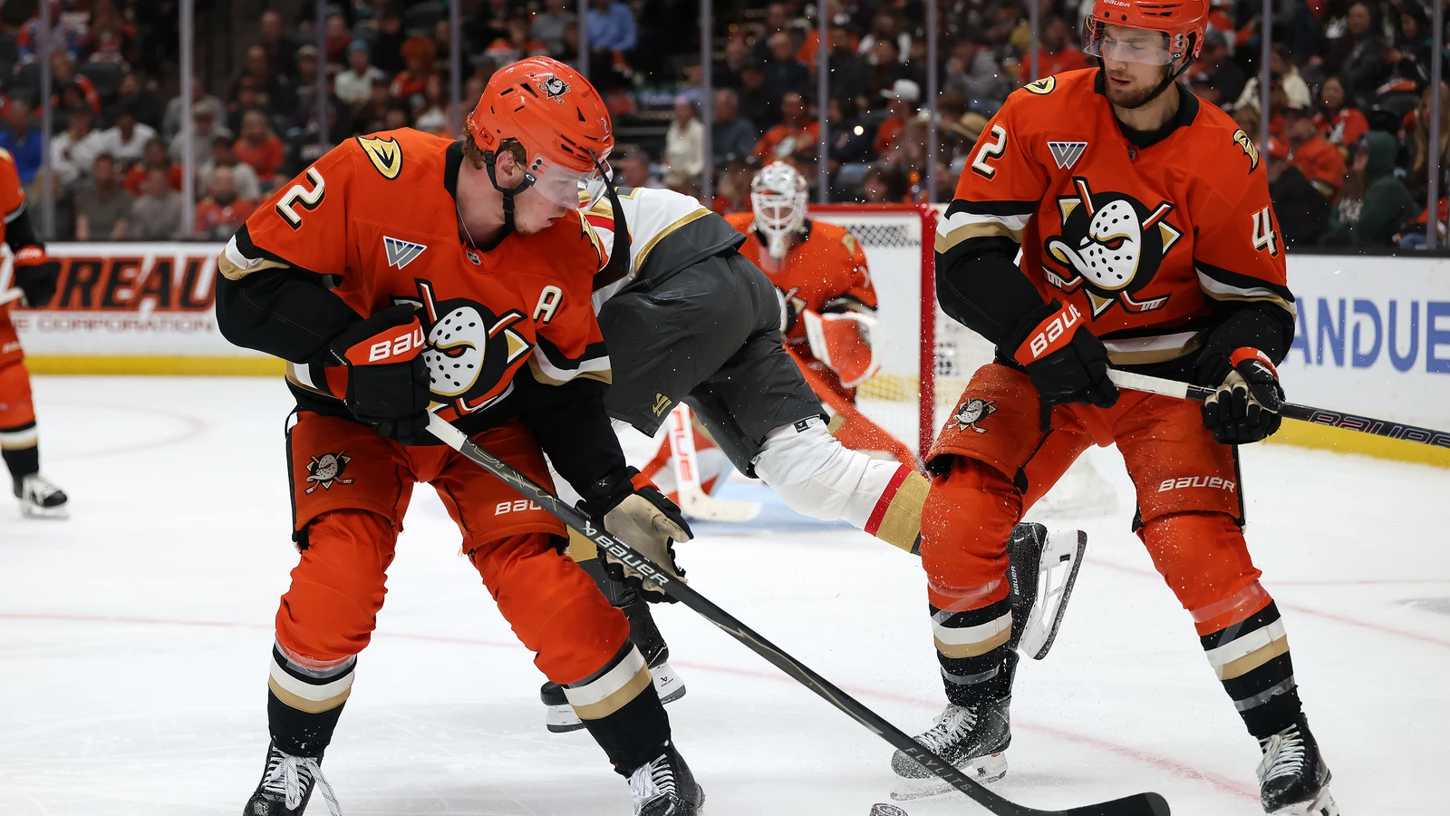 File photo: Anaheim Ducks centre Tim Washe and defenceman Jackson LaCombe chase the puck against the Vegas Golden Knights in the playoffs on May 14, 2026.