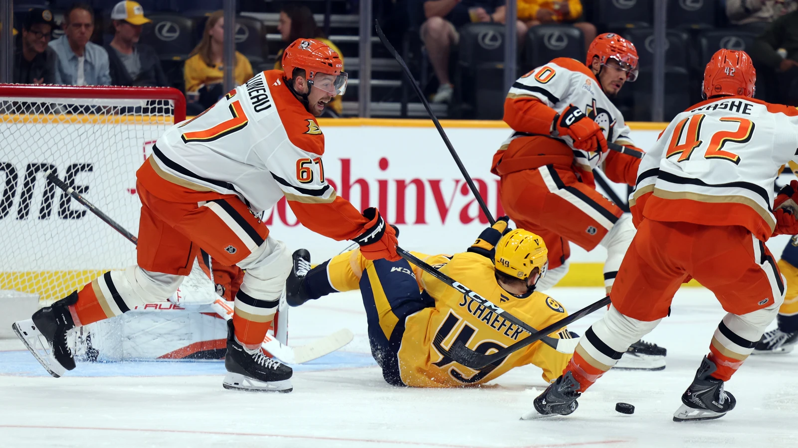 File photo: Anaheim Ducks defenceman Tristan Luneau (67) defends near the net against Nashville at Bridgestone Arena on April 16, 2026.