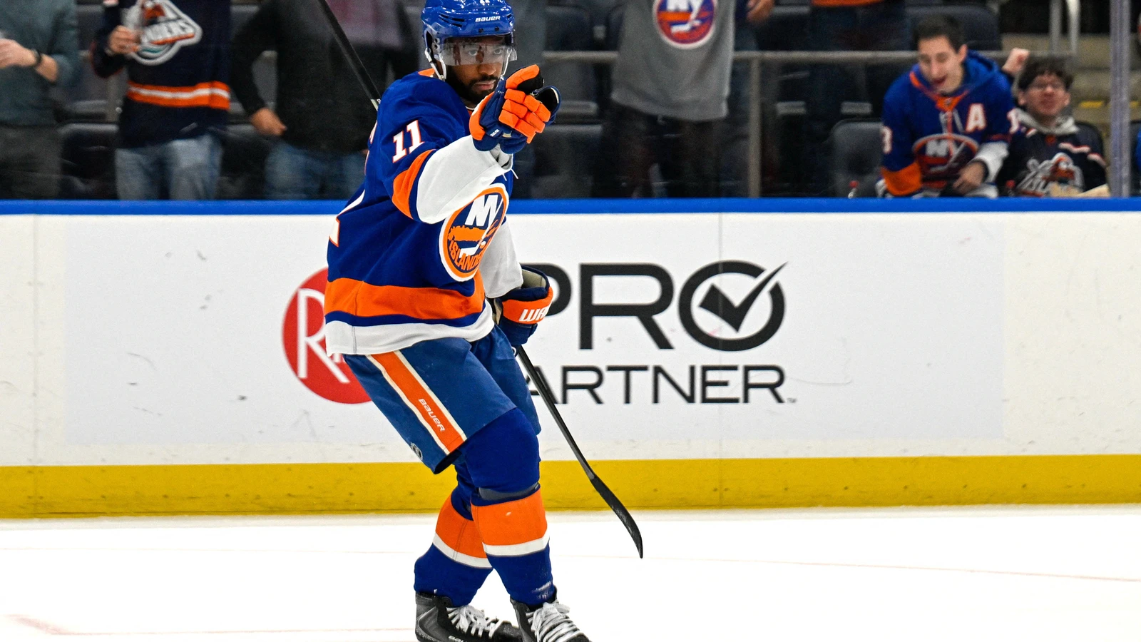 Anthony Duclair points during his goal celebration against the Chicago Blackhawks at UBS Arena.