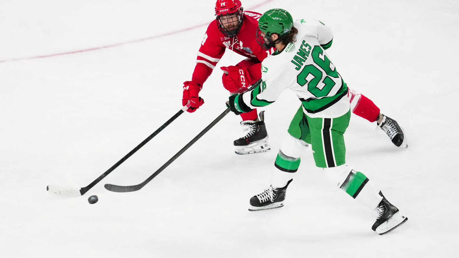 Dylan James attempts a shot for North Dakota against Wisconsin on April 9, 2026. File photo.