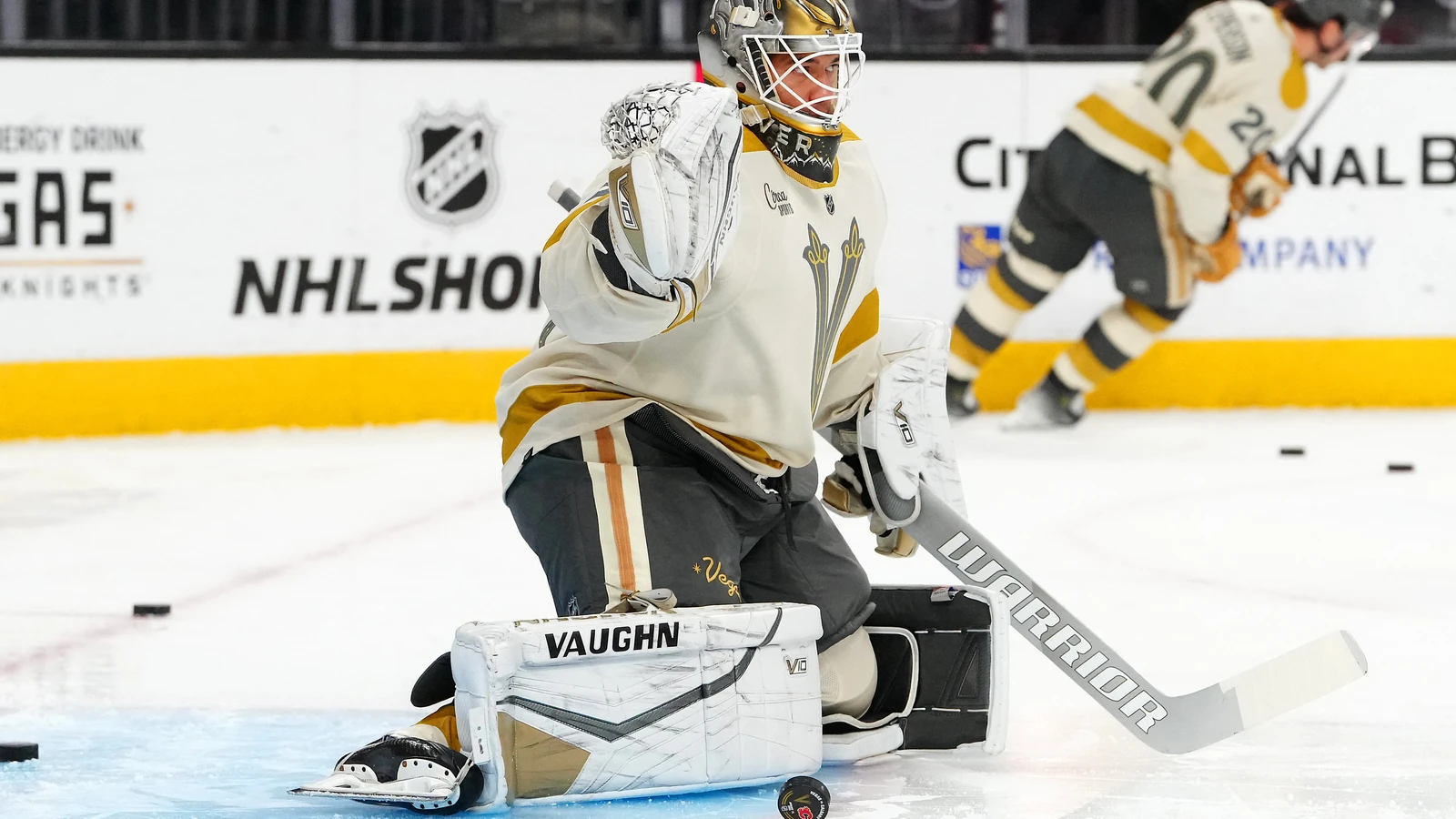 Goaltender Isaiah Saville warms up for Vegas before a game against Calgary on Jan. 13, 2024. File photo.
