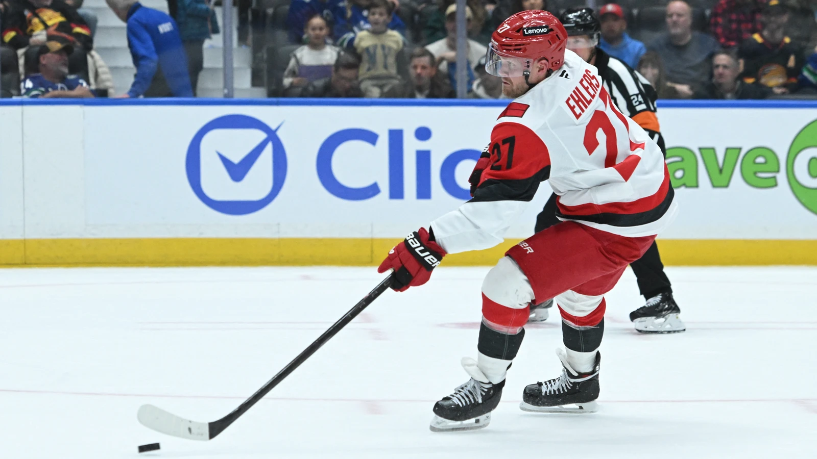 File photo: Carolina Hurricanes forward Nikolaj Ehlers skates with the puck against Vancouver at Rogers Arena.