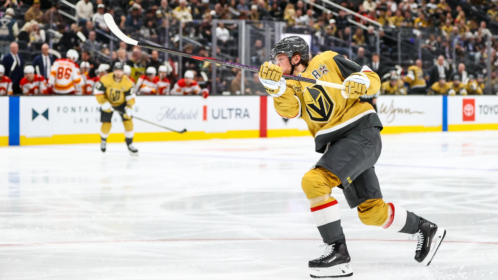 File photo: Vegas Golden Knights centre Jack Eichel follows through on a pass against the Calgary Flames at T-Mobile Arena.