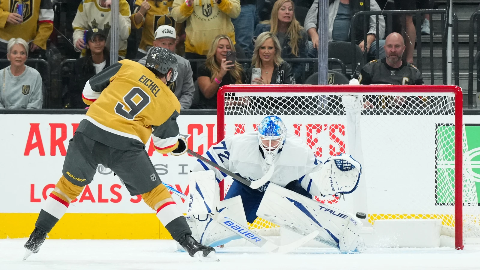 Jack Eichel takes a penalty shot against Sergei Bobrovsky at T-Mobile Arena.