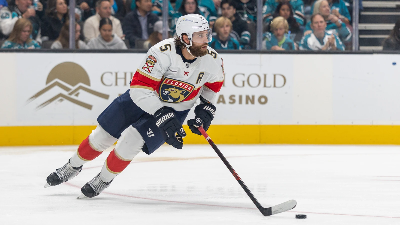 File photo: Florida Panthers defenceman Aaron Ekblad skates with the puck against the San Jose Sharks at SAP Center.