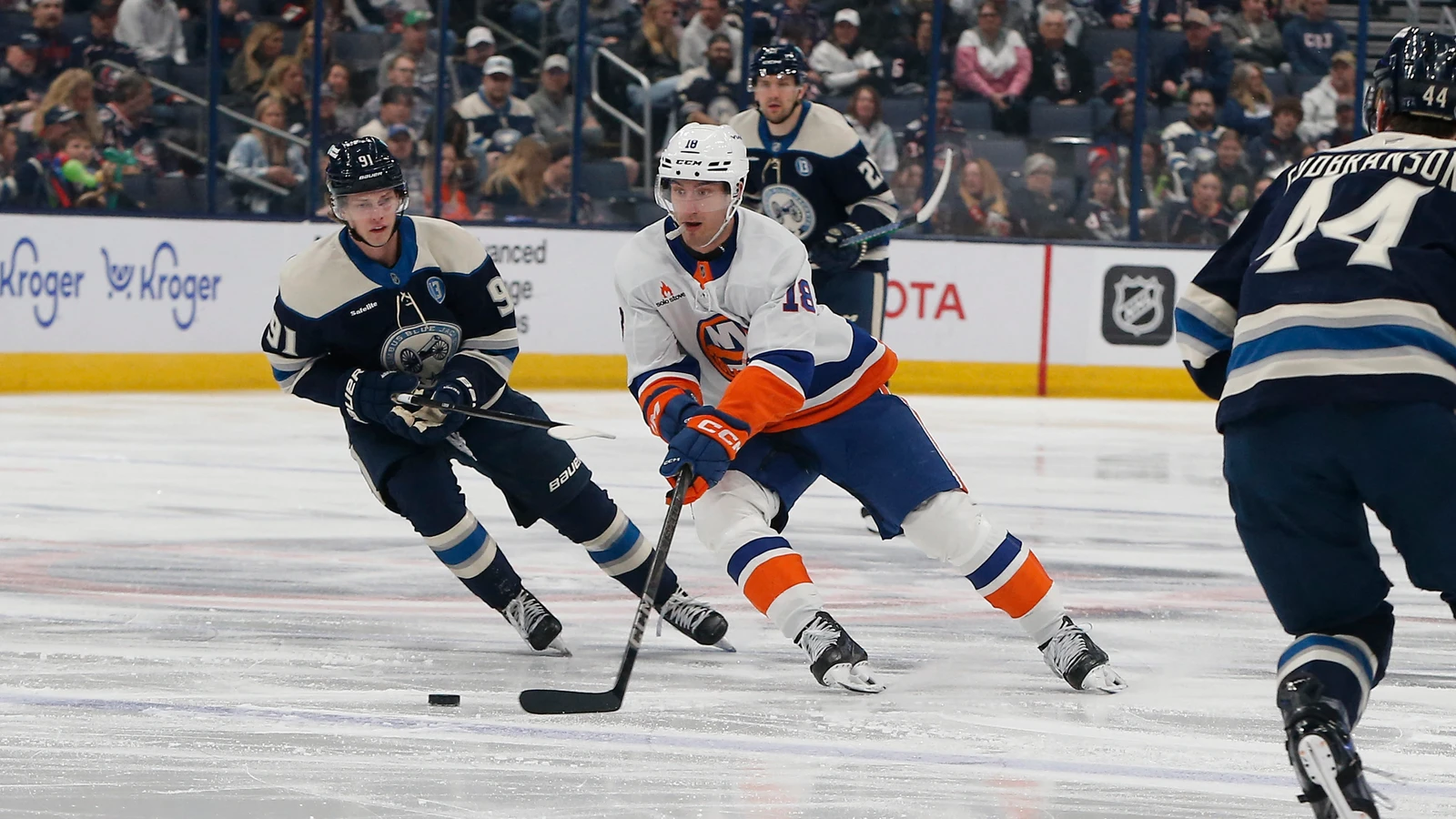 File photo: New York Islanders left wing Pierre Engvall carries the puck against the Columbus Blue Jackets on April 17, 2025.
