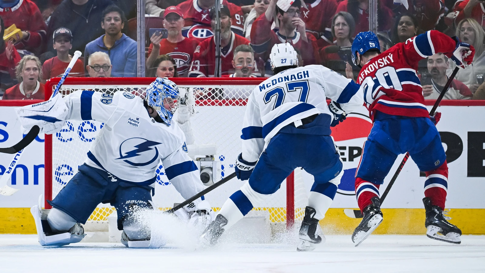 Andrei Vasilevskiy makes a save against Montreal during the 2026 Stanley Cup Playoffs. File photo.