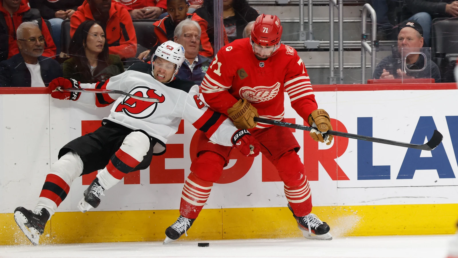 File photo: Detroit Red Wings centre Dylan Larkin battles New Jersey Devils left wing Jesper Bratt for the puck at Little Caesars Arena on April 11, 2026.