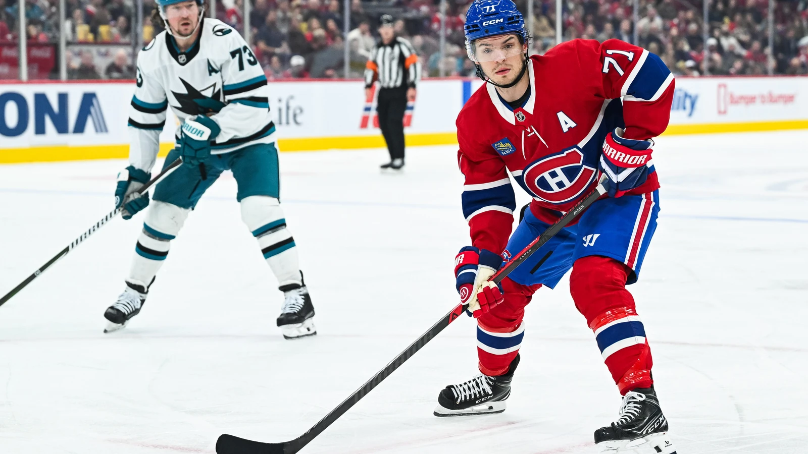 File photo: Montreal Canadiens centre Jake Evans skates against the San Jose Sharks at Bell Centre.