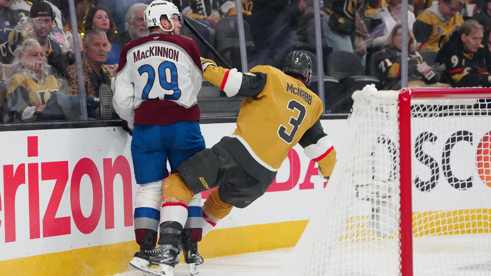 Nathan MacKinnon is checked by Brayden McNabb in Las Vegas on May 26, 2026. File photo.