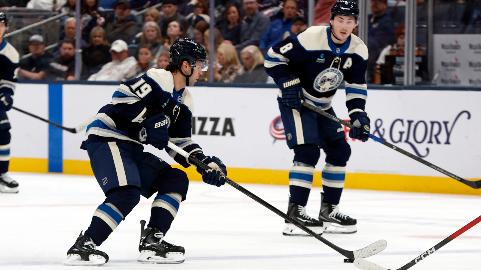 Columbus Blue Jackets forward Adam Fantilli, No. 19, controls the puck against the Vegas Golden Knights at Nationwide Arena on Oct. 24, 2026.