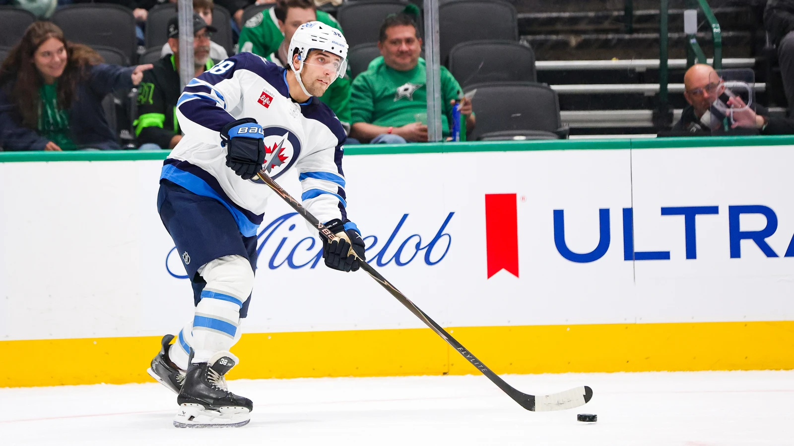 File photo: Winnipeg Jets defenceman Mario Ferraro controls the puck against the Dallas Stars at American Airlines Center.