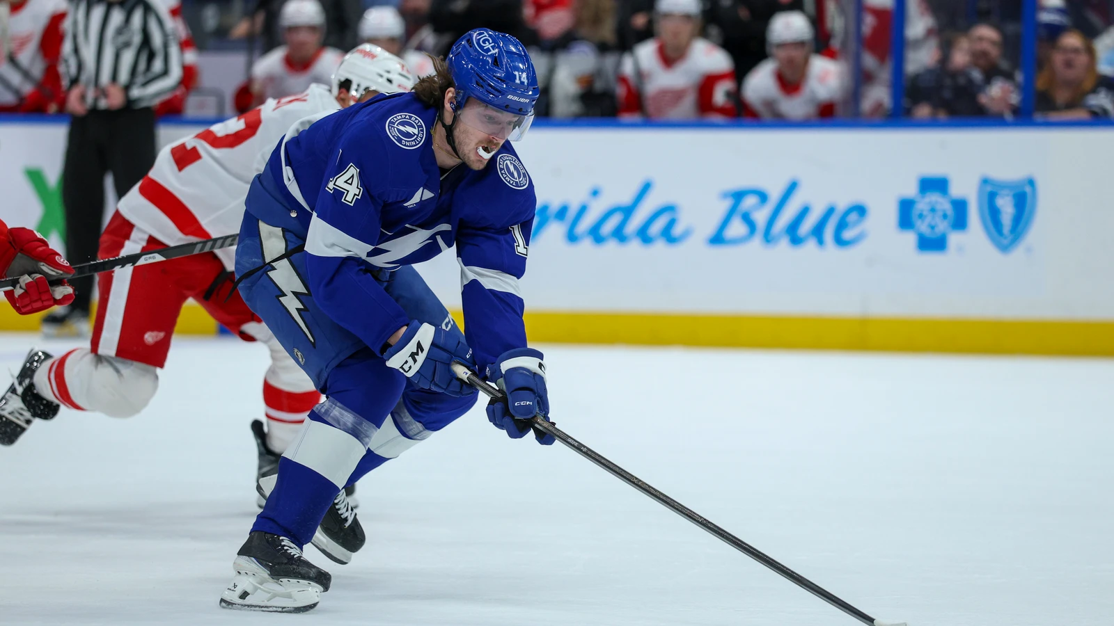 Conor Geekie controls the puck for Tampa Bay against Detroit on April 13, 2026. File photo.