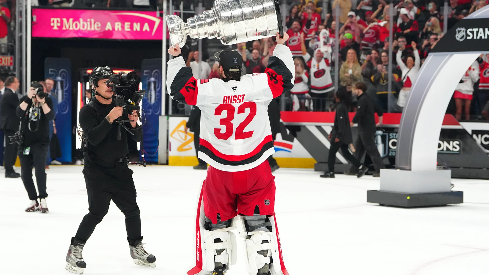 Brandon Bussi lifts the Stanley Cup after Carolina defeats Vegas in Game 6 of the Final on June 14, 2026. File photo.