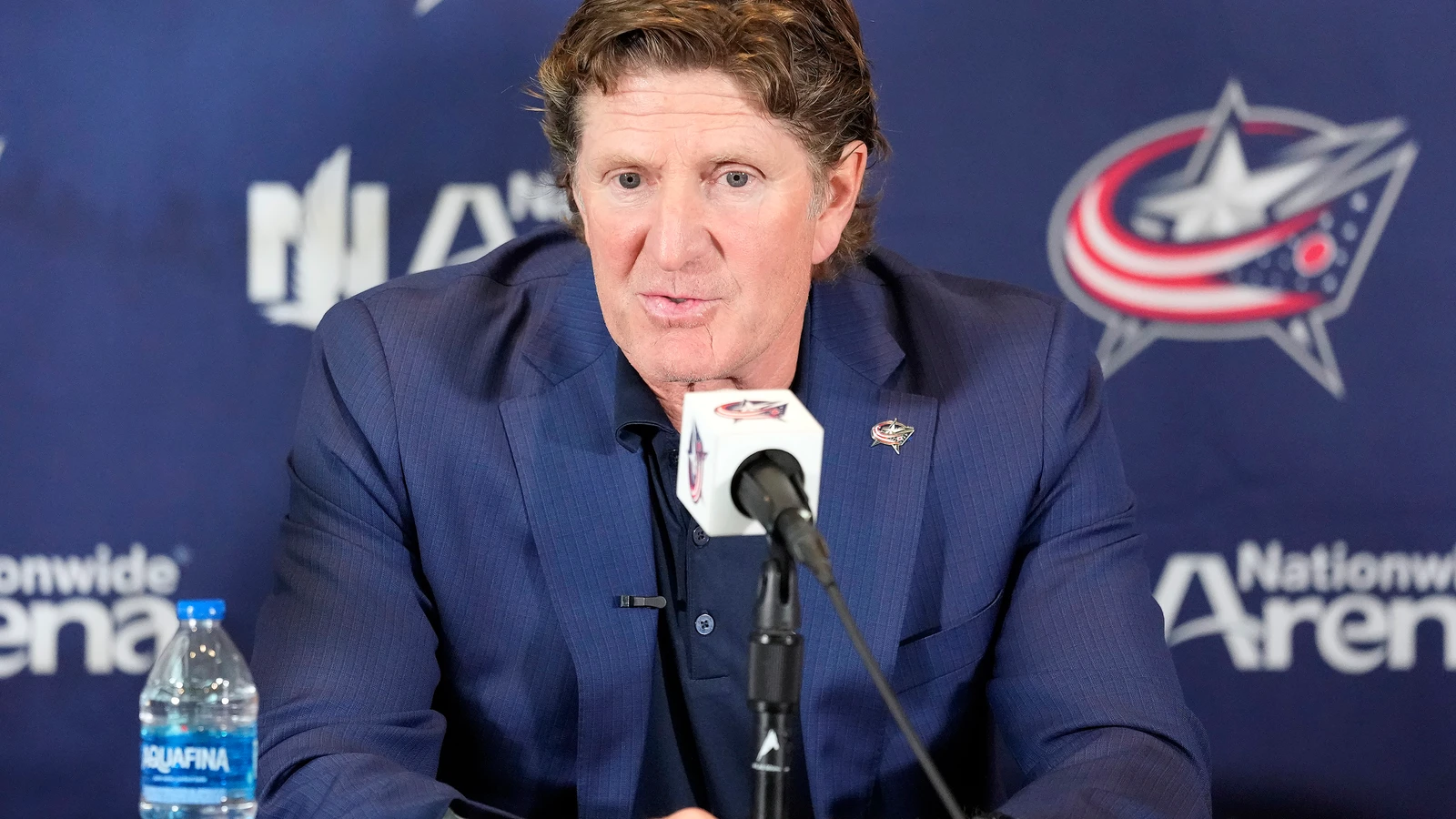 File photo: Mike Babcock speaks at his introductory Columbus Blue Jackets press conference on July 1, 2023.