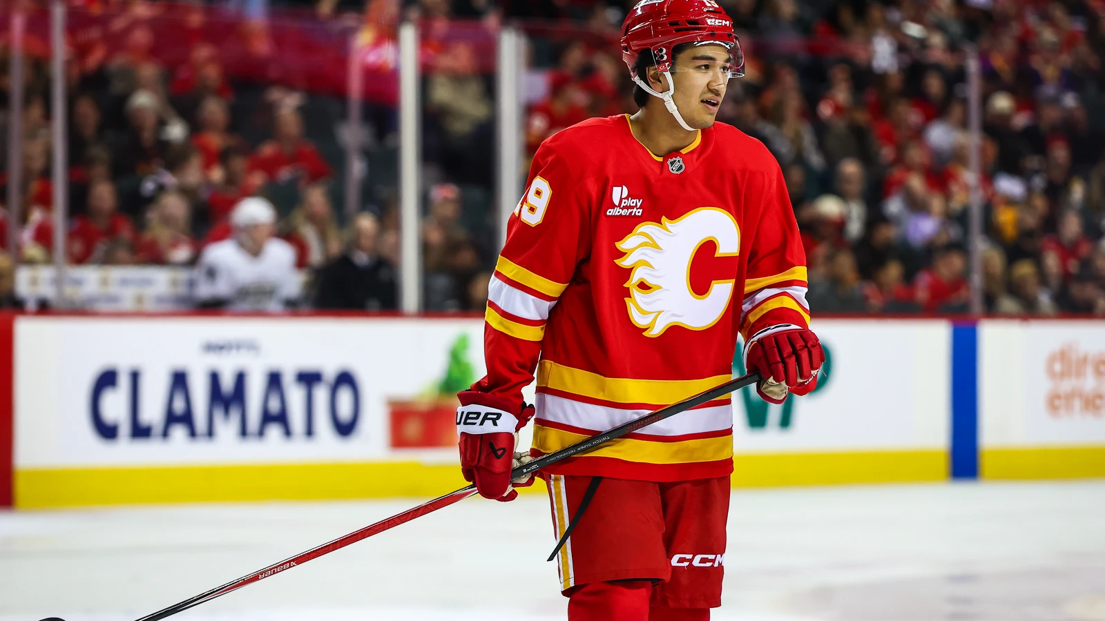 Zayne Parekh skates for Calgary against Los Angeles at the Saddledome on April 16, 2026. File photo.