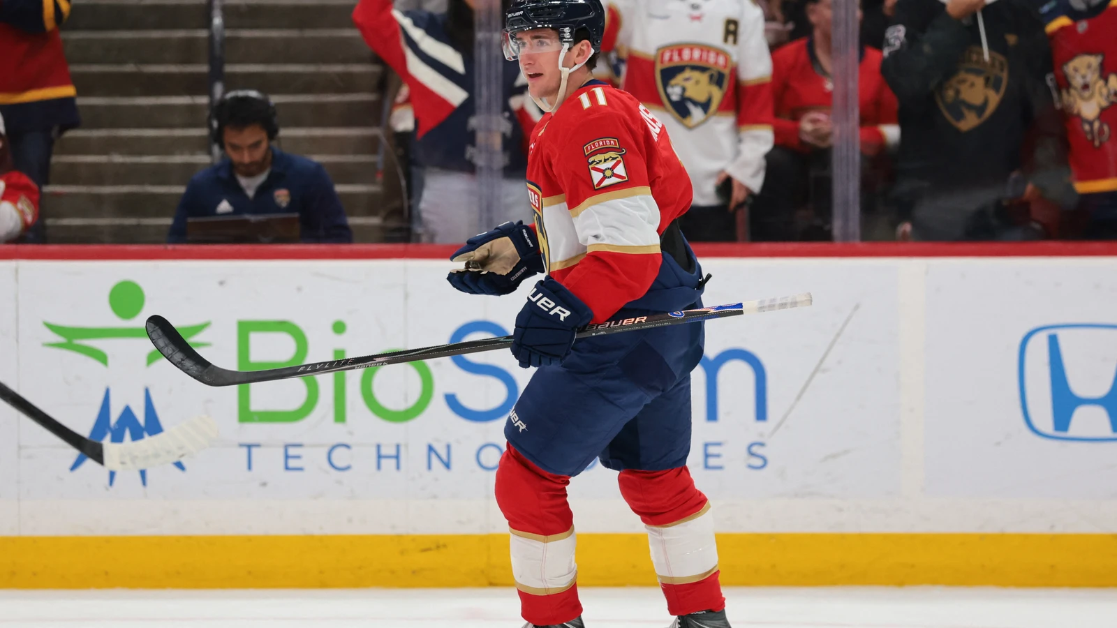 File photo: Mackie Samoskevich celebrates a goal for the Florida Panthers against the New York Rangers in Sunrise.