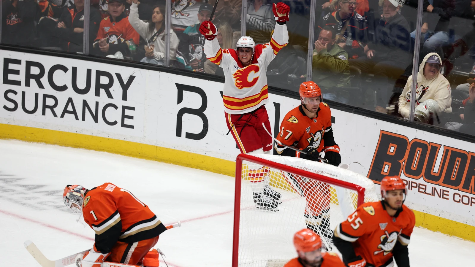 File photo: Flames center Martin Pospisil celebrates his goal against the Ducks at Honda Center in Anaheim.