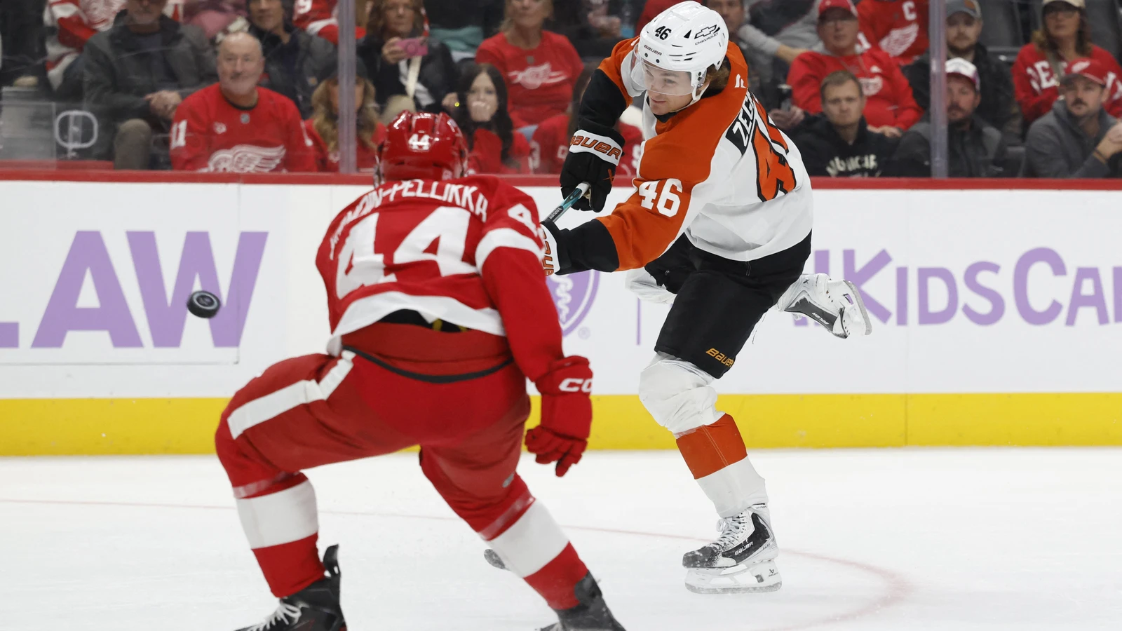 File photo: Philadelphia Flyers centre Trevor Zegras shoots as Detroit Red Wings defenceman Axel Sandin-Pellikka defends at Little Caesars Arena.